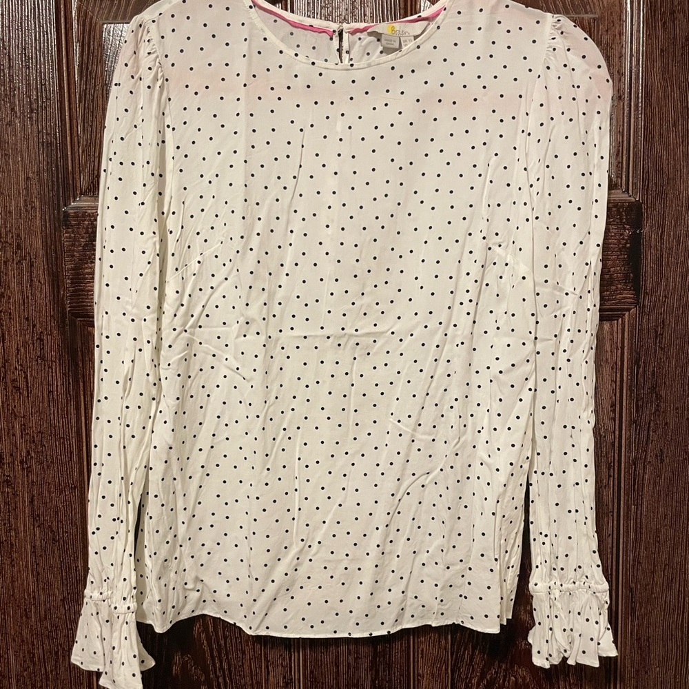 Boden White with Black Polkadot Long Sleeve Blouse